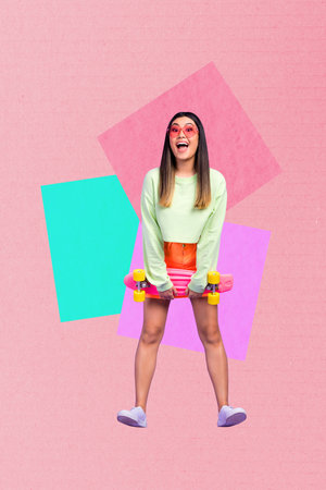 Vertical sketch 3d collage poster of happy girl hold skateboard party concert performance...