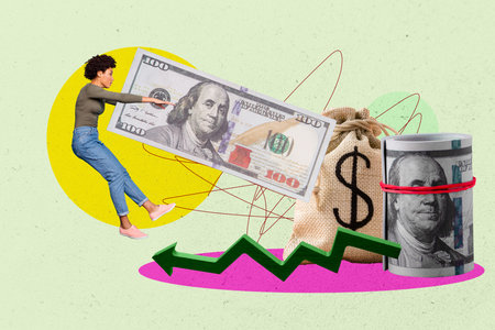 Template collage design trend artwork 3D sketch of young lady fly banknote arrow up money bag wealth market cash savings bank progressの写真素材
