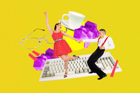 Composite trendy magazine photo collage of two happy business girl guy stand keypad office supply...