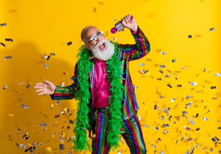 Photo of extravagant funny aged man sing microphone wear shiny costume isolated on yellow color...