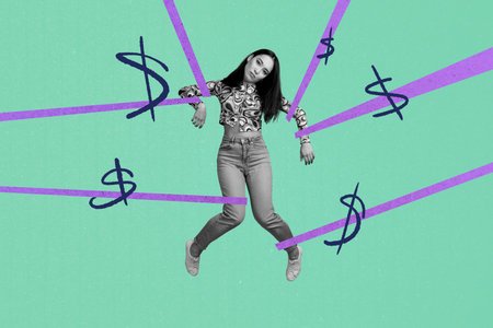 3D photo collage template trend artwork sketch of young lady doll pose hang forex investor inflation loss economy reduction dollarsの写真素材