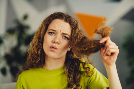 Confused woman with curly red hair and green t-shirt pondering indoors in a relaxed setting at home or apartmentの写真素材