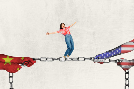 Composite image montage trend artwork collage of china america hand hold chain young lady stand balance economy crisis trade war businessの写真素材