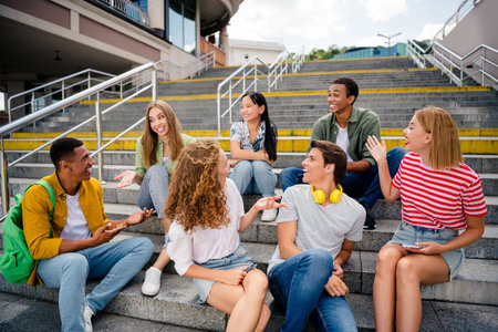 Young friends enjoying outdoor leisure time together on steps of urban building in casual attireの写真素材