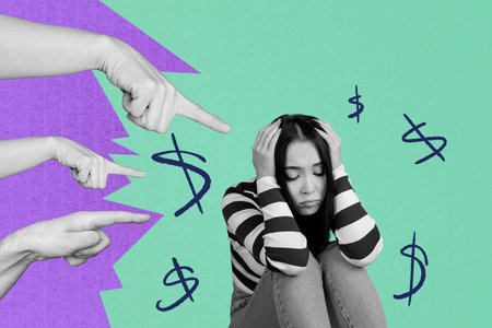 Composite artwork photo collage sketch of finger point showing young lady sit down stress finance investor inflation crisis economy budgetの写真素材