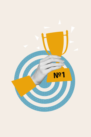 3D photo collage template trend artwork sketch of hand hold goblet win success strategy aspiration...