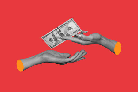 Creative full image artwork pop collage of hands point dollar banknote payment finance capital...