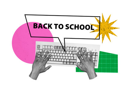 Sketch zine image artwork collage of student hands type keypad buttons digital elearn school courses back to university educationの写真素材