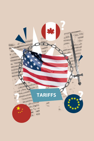 Sketch image trend 3D collage of metla chain america flag sword attack china canada tariffs european union trade war economy partnershipの写真素材