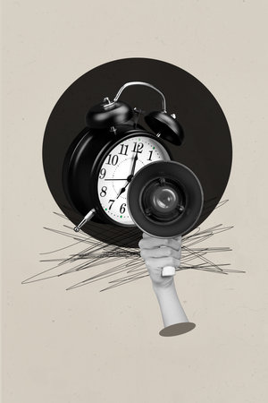 Vertical art 3d creative image collage of human hand hold alarm clock deadline ring early morning...