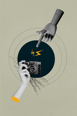 Image 3d zine vertical collage of human hand hold earphones box retro camera shooting coffee cup beverage lightning conceptの写真素材