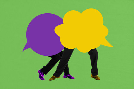 Image banner full 3d art collage of anonym bodyless human stand legs bubble communication icon speech conversation talk phraseの写真素材