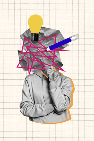 Vertical pop poster banner collage of anonym girl instead head light bulb pencil doodle idea finding concept illuminationの写真素材