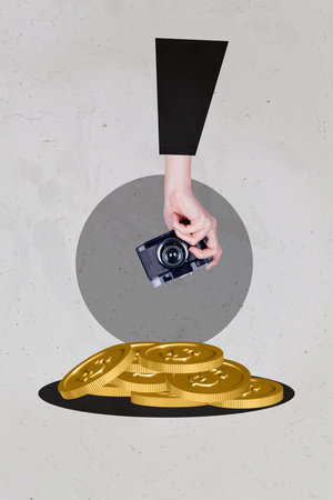 Creative vertical image artwork pop collage of hands show dollar banknote coin payment finance capital profit bonus bank transactionの写真素材