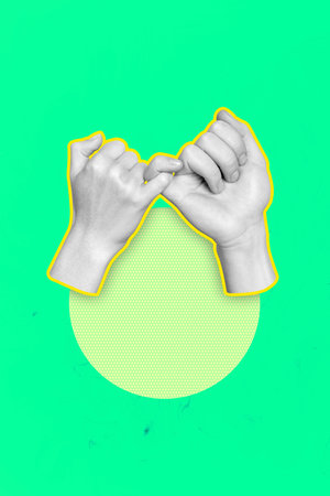 Composite image montage trend artwork 3D collage of sticker two hand hold together finger pinky promise gesture body language symbolの写真素材
