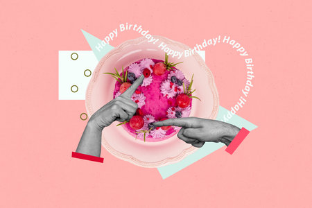 Poster sketch image artwork 3D collage of hand gesture finger point cake sweet tasty berry surprised gift birthday celebration bannerの写真素材