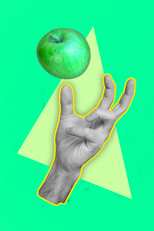 Trend artwork poster composite sketch image collage of silhouette hand hold apple eat fruit green color sign finger gesture body languageの写真素材