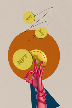 Vertical pop sketch 3d collage of business hand hold dollar coin money transaction cooperation bitcoin profit finance cryptoの写真素材