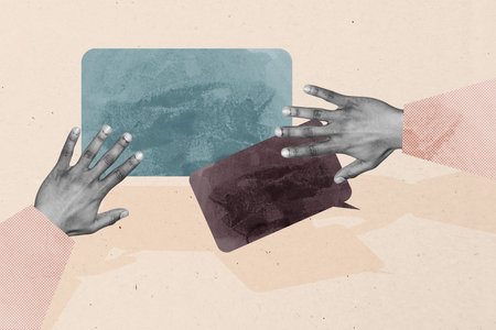 Collage of colorful speech bubbles symbolizing digital chatting modern communication internet blogging freelance workの写真素材