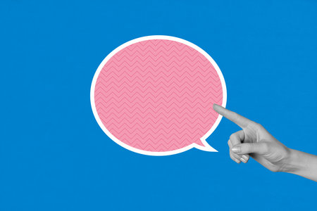 3d zine full image art collage of hand show bubble communication icon speech conversation talk phrase social media messageの写真素材