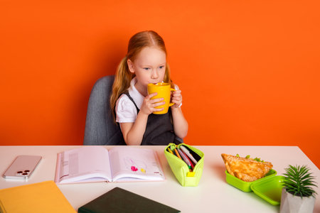 Young schoolgirl enjoying a cup of tea during study time at her desk with school books and...