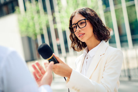 Confident young businesswoman conducting a street interview with a microphone in an urban outdoor...