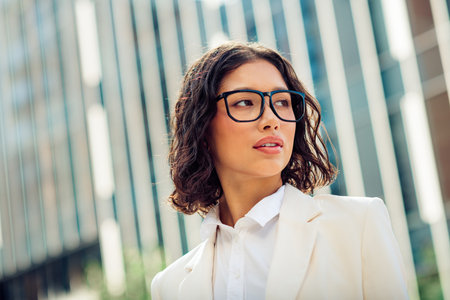 Successful young businesswoman in formal attire standing outdoors near modern urban architecture in daylightの写真素材
