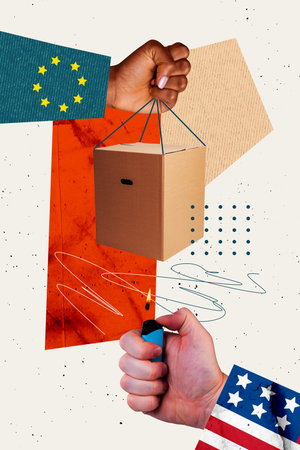 Template sketch trend artwork 3D photo collage of hand hold fire light box delivery europa currency investment earnings finance budgetの写真素材