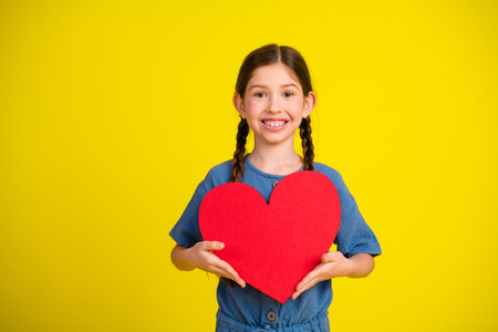 Smiling young girl holding a red heart on a vibrant yellow background symbolizing love, happiness,...