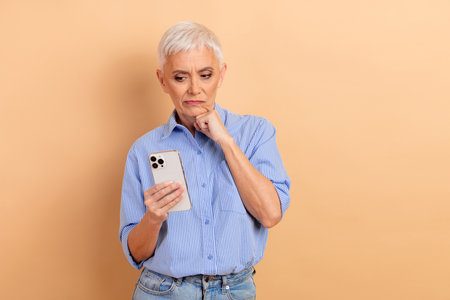 Mature woman holding smartphone while dressed in a casual striped shirt against a beige background,...
