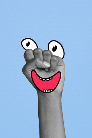 Sketch design trend artwork poster 3D collage of hand gesture fist up emotion smiley creative...