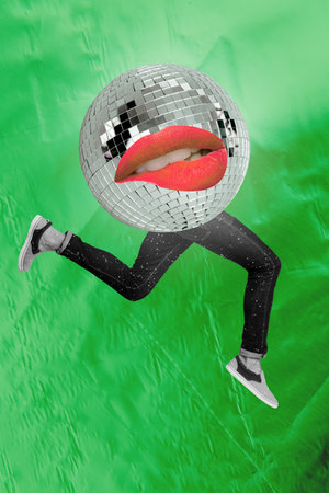 Vertical image 3d banner collage of anonym girl guy instead head lips bite disco ball celebration...
