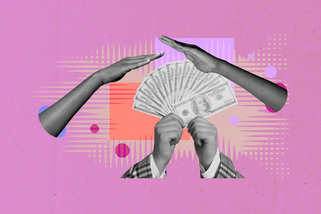 Creative full image artwork pop collage of hands point dollar banknote payment finance capital...