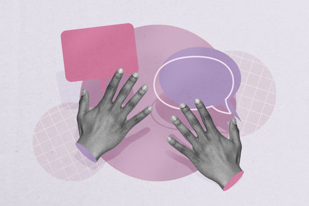 Exclusive image full photo collage of hands show communication icon speech conversation talk phrase social media messageの写真素材