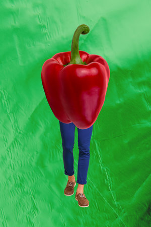 Vertical photo collage of anonym female male legs instead body red pepper sweet paprika diet grocery...