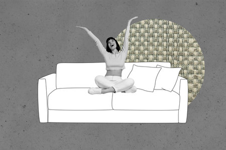 3d art image sketch full collage of happy girl stand indoor sofa relax freelancer office real estate agent worker indoor comfortの写真素材