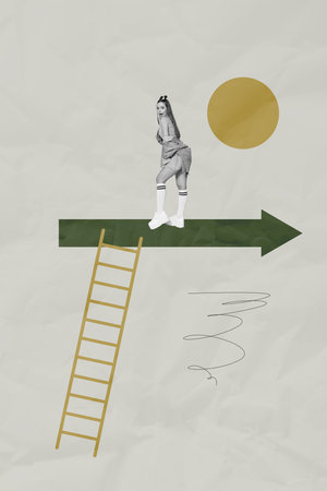 Image pop 3d vertical collage of happy businessman businesswoman stand arrow development career chance promotion ladder successの写真素材