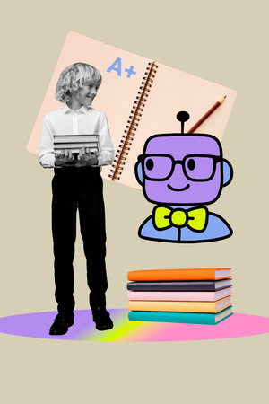 Vertical zine pop trend collage of happy preteen schoolboy stand book stack notepad excellent mark exam robot ai pencilの写真素材