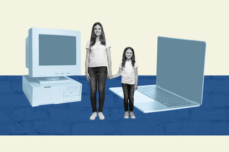 Exclusive artwork banner creative collage of two happy girls daughter mom stadn pc monitor laptop elearn education spring mother dayの写真素材