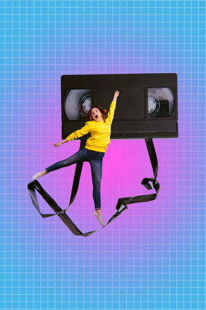 Zine banner vertical photo collage of happy girl guy listen music retro cassette playlist celebration holiday chill melody relaxの写真素材