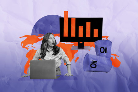 Sketch image artwork composite 3D photo collage of aged woman shocked work laptop petroleum logistics industry trade extraction crisisの写真素材