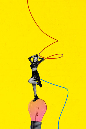 Composite sketch design artwork 3D collage of young lady dance electric lamp line mess illustration solution decision puzzle creative ideaの写真素材