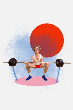 Template poster photo collage of hobby sport determination warmup fitness motivation athlete practice young man effort lift up dumbbellの写真素材