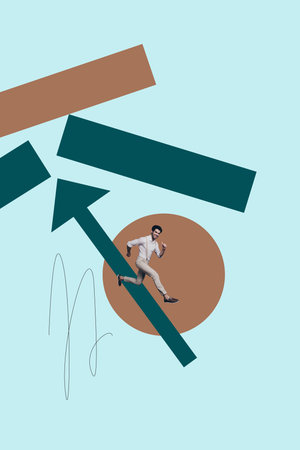 Image pop 3d zine vertical collage of happy businessman businesswoman stand arrow development career chance promotion employeeの写真素材