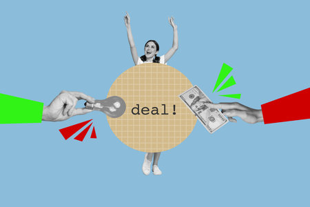Exclusive artwork banner creative collage of happy businesswoman businessman stand hands hold light bulb dollar income capitalの写真素材