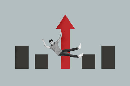 Image pop 3d zine full collage of happy businessman businesswoman stand arrow development career chance promotion employeeの写真素材