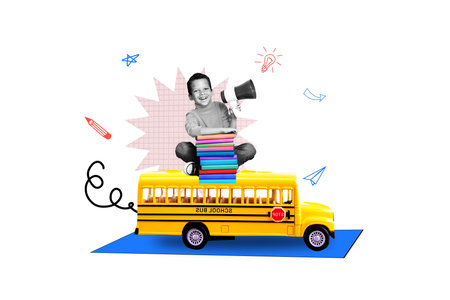 Creative banner full art collage of happy schoolboy sit bus hold book megaphone school transport...