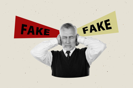 Composite image montage trend artwork 3D collage of misleading news fake advertisement press narrative aged man cover ear head victimの写真素材