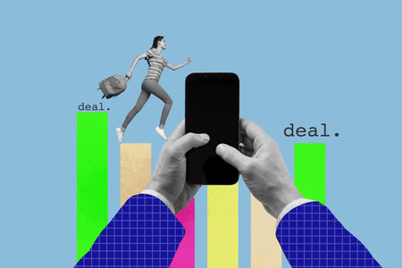 Artwork full art collage of happy businessman businesswoman run chart hands hold phone deal development career aim achievementの写真素材