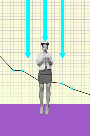 Banner 3d poster image photo collage of inexperienced businesswoman businessman stand arrow decline...